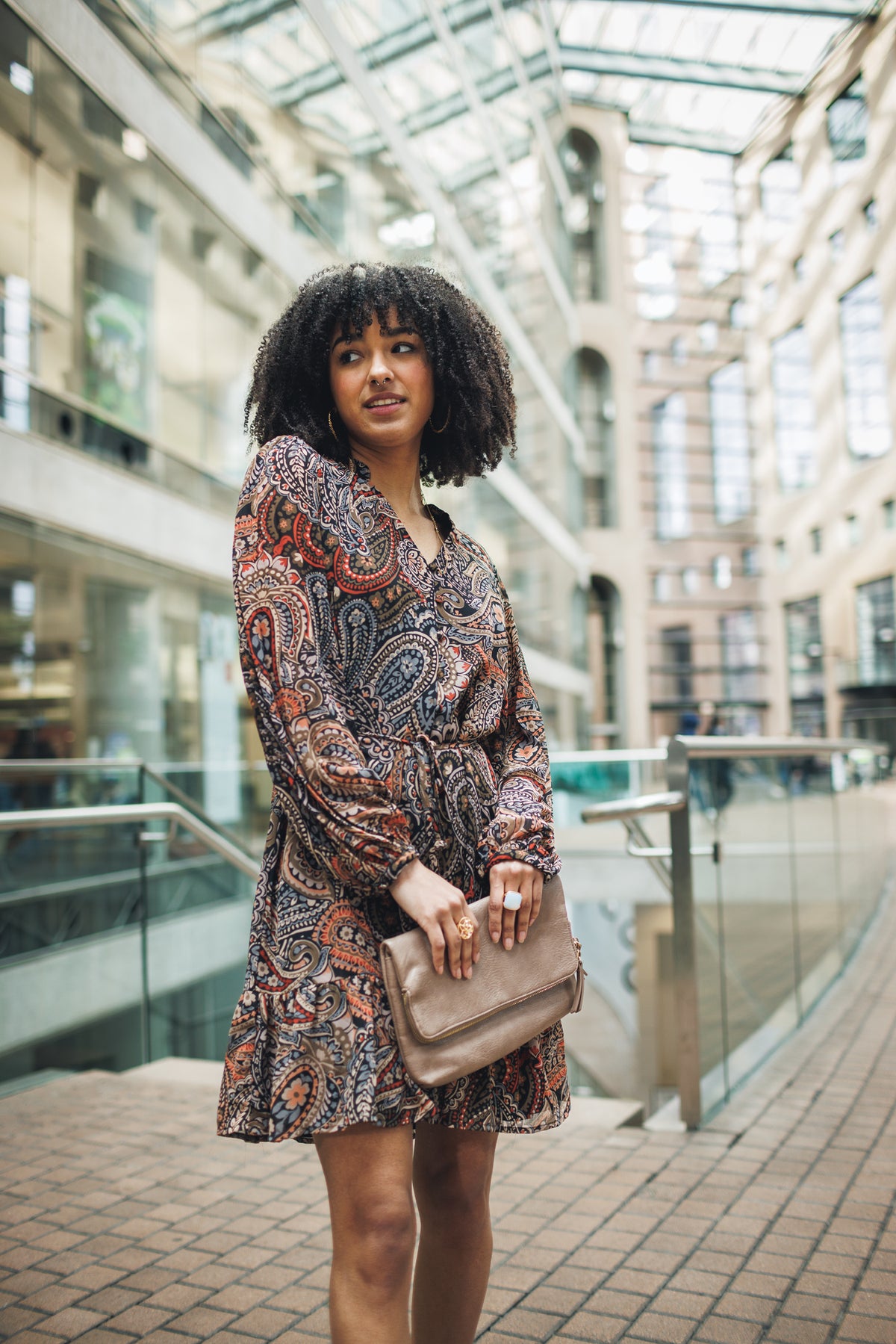 Paisley Long Sleeve Dress with Ruffle Hem and Tie Belt