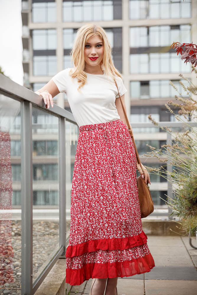 RED Ditsey Floral Print Ruffle Hem skirt