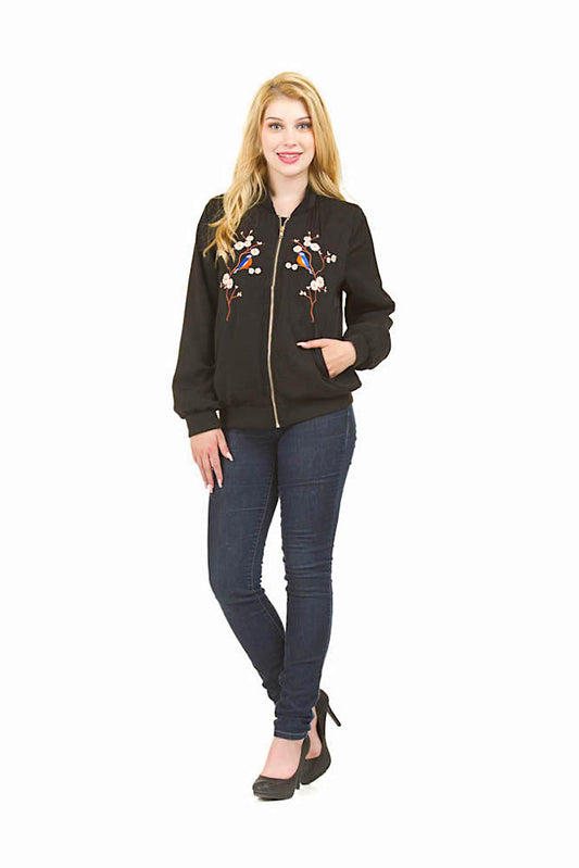 BLACK Bird Embroidery Bomber Jacket