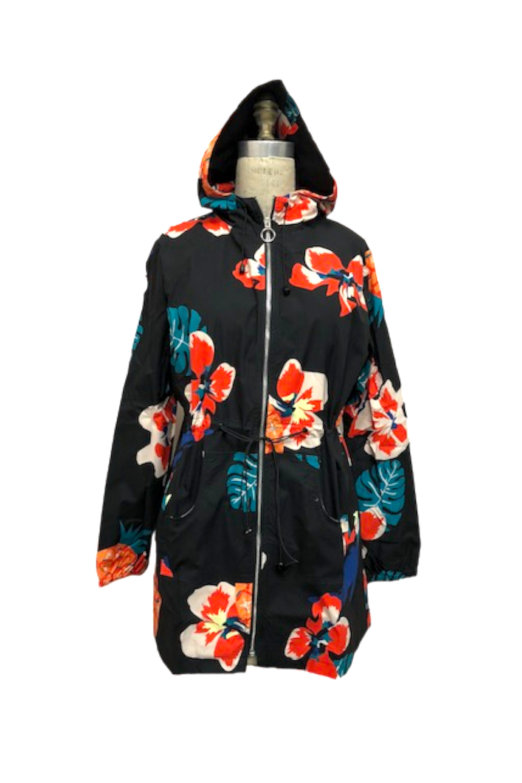 BLACK Floral Raincoat with Drawstring Waist