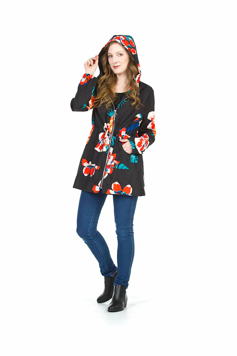 BLACK Floral Raincoat with Drawstring Waist