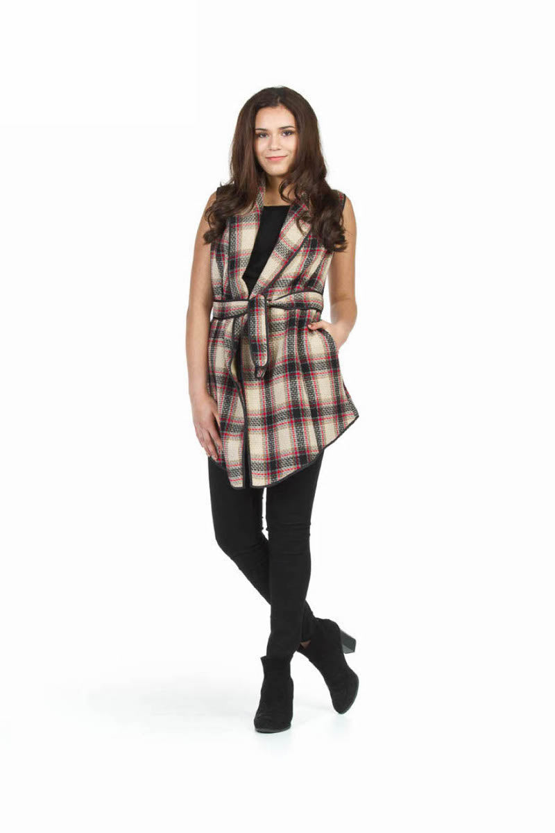 Beige Plaid Belted Vest