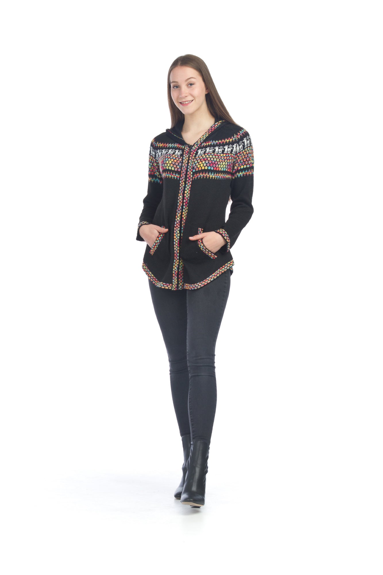 grey Soft Fairisle Zip-Up Jacket with Colorful Trim