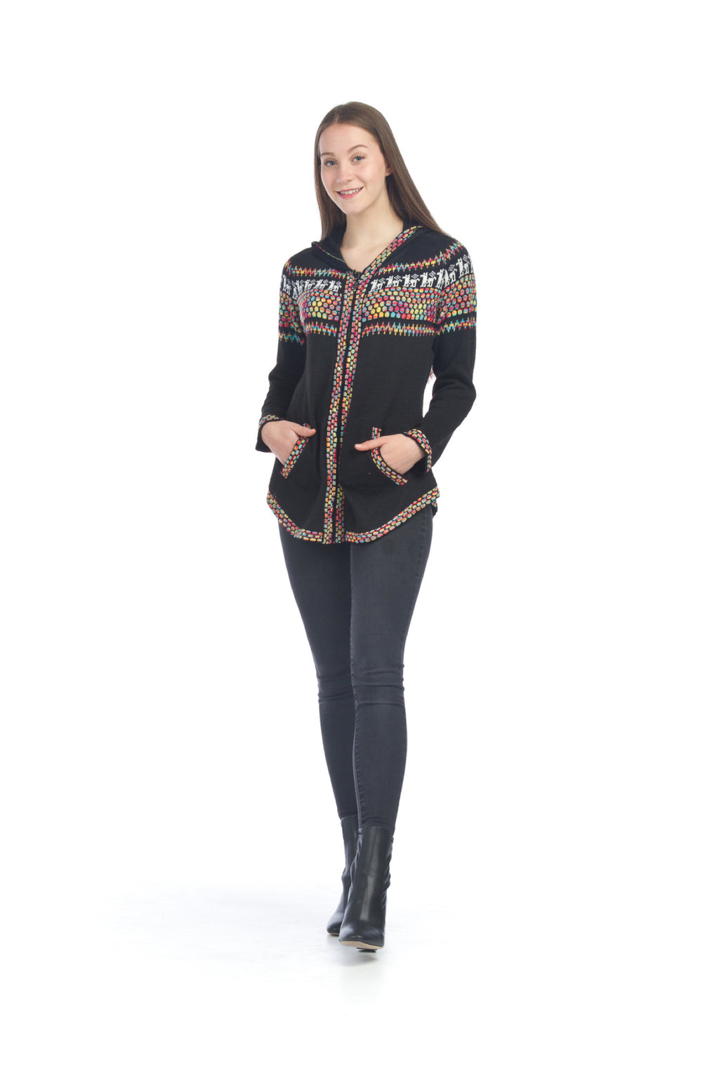 Black Soft Fairisle Zip-Up Jacket with Colorful Trim