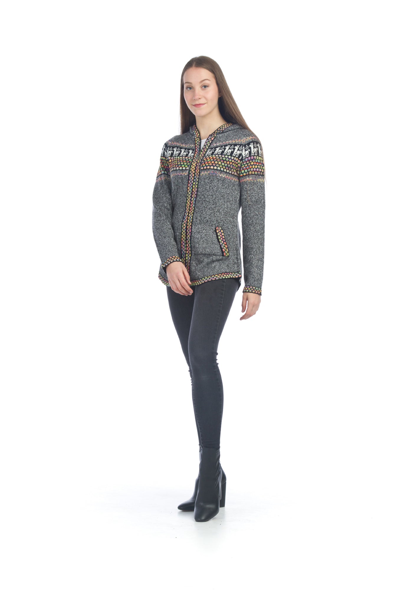Black Soft Fairisle Zip-Up Jacket with Colorful Trim