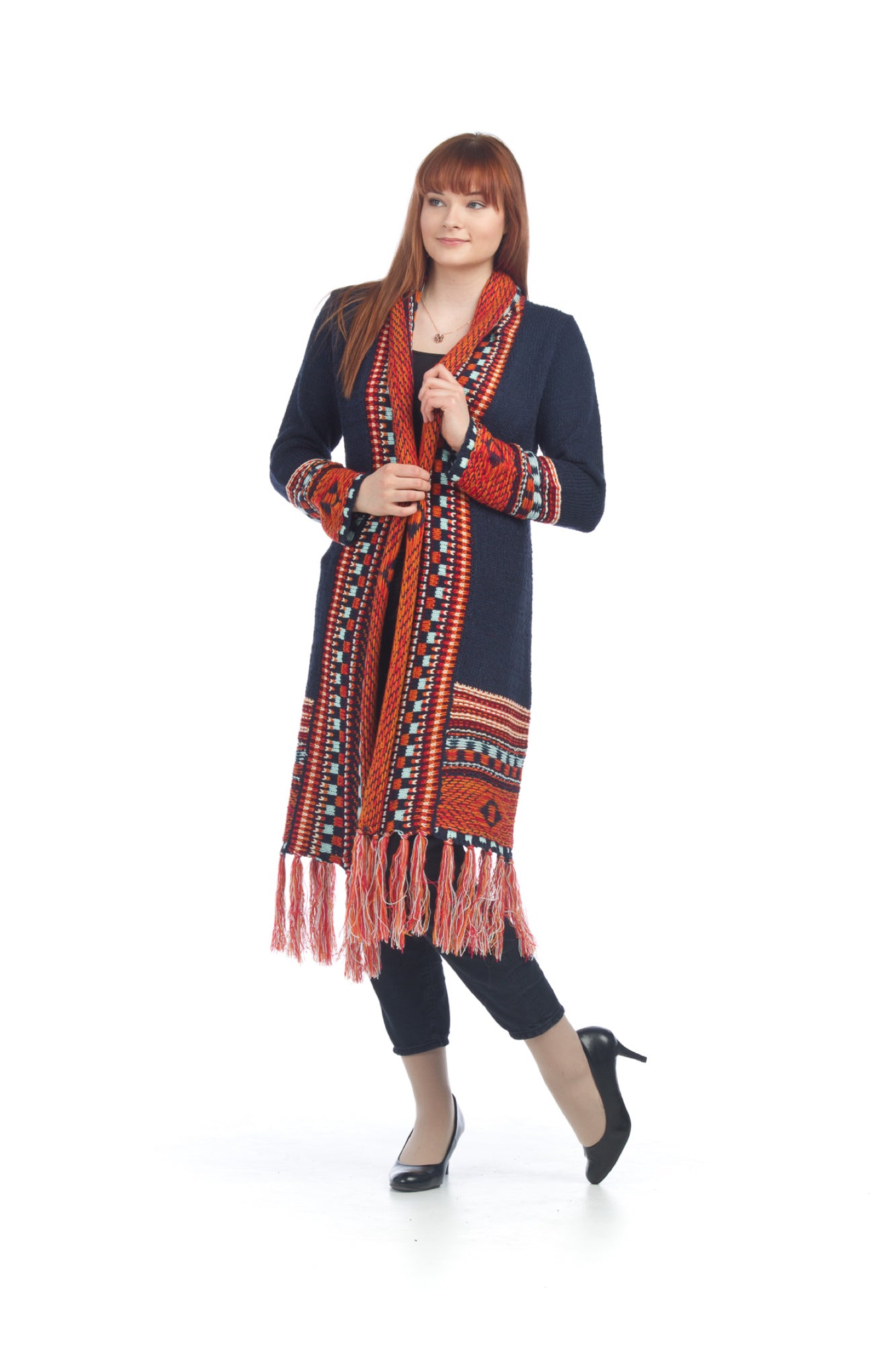 NAVY Multicolor Fringe Cardigan with Global Knit Design