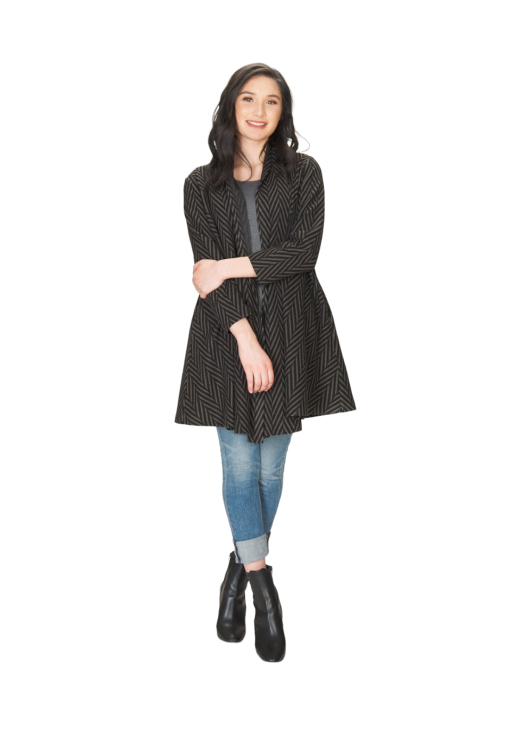 BLACK/GREY Chevron Swing Sweater Long Jacket