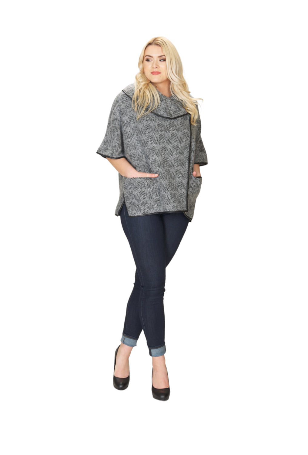 grey Textured Chevron Cowl Neck Poncho