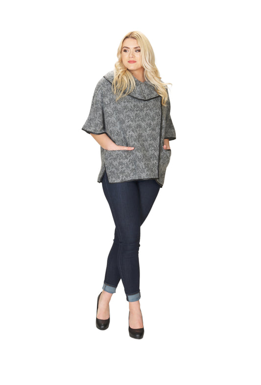 GREY Textured Chevron Cowl Neck Poncho