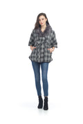 grey Textured Plaid w Removable Fur Collar Poncho