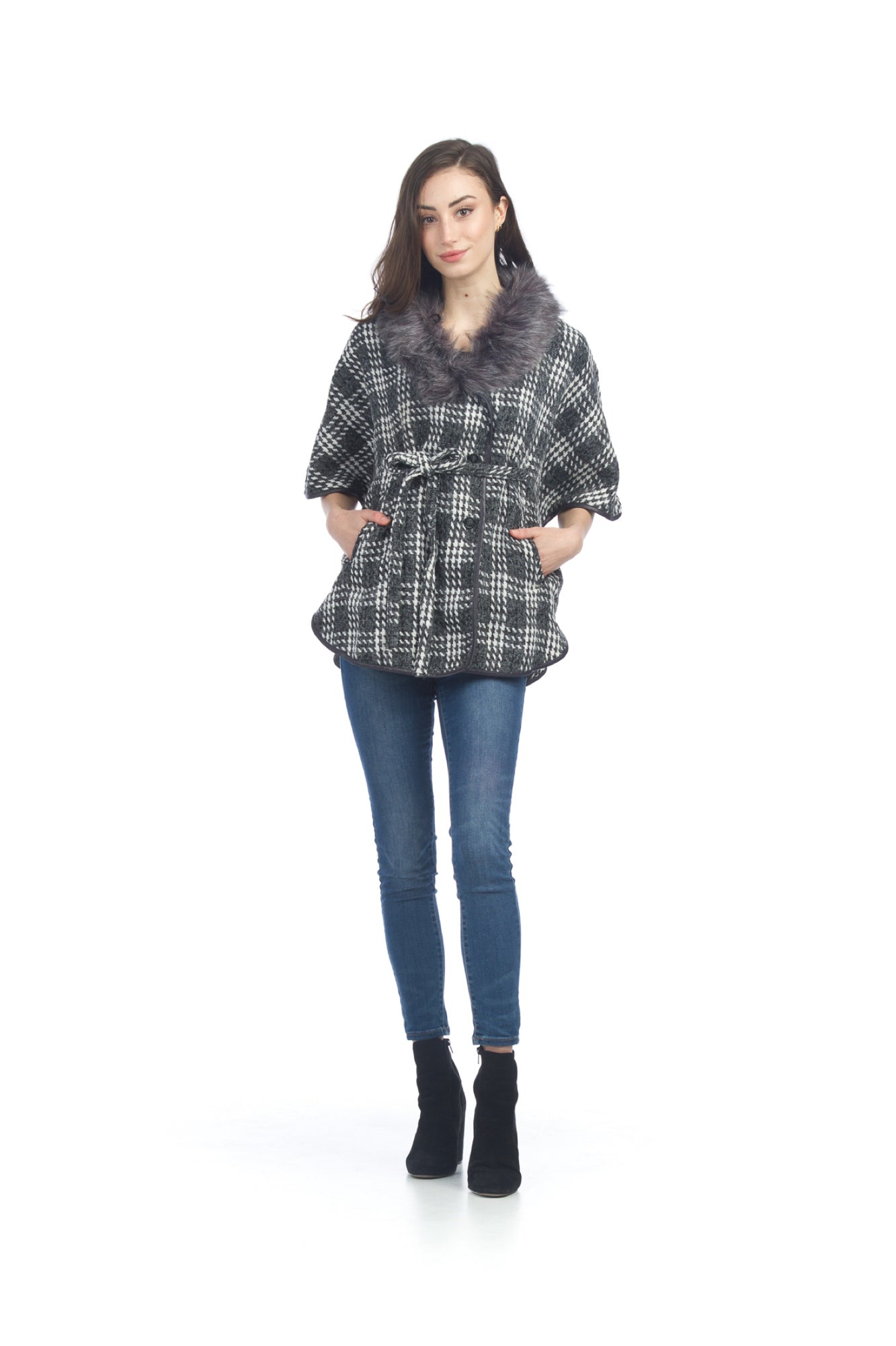 grey Textured Plaid w Removable Fur Collar Poncho