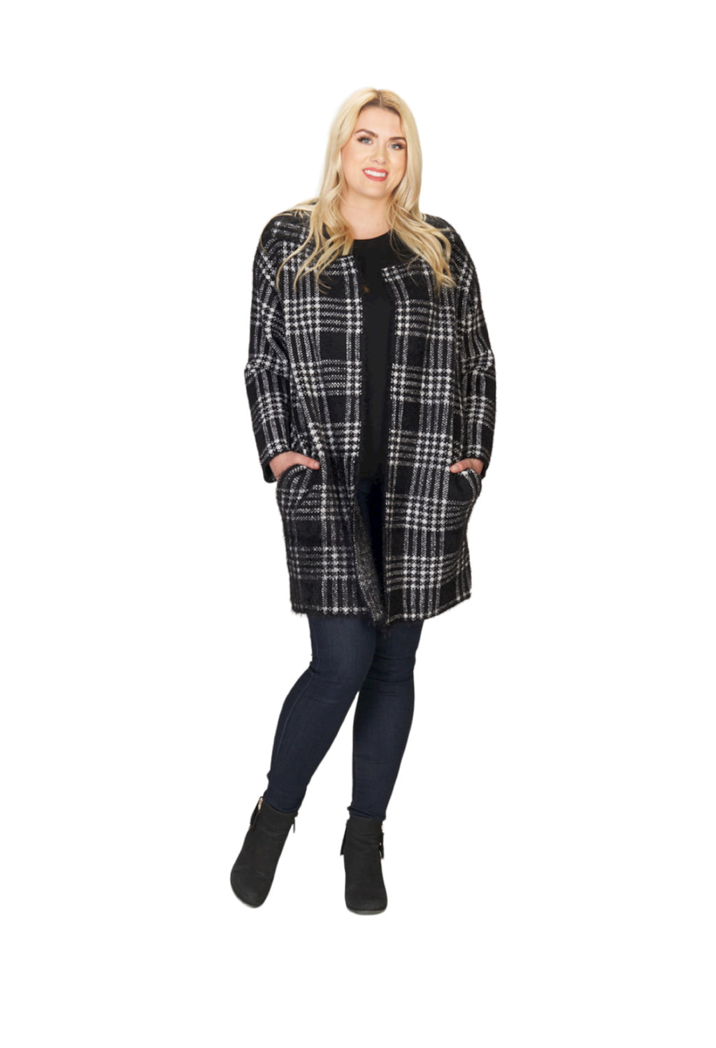 BLACK/WHITE Plaid Sweater Jacket with Pockets
