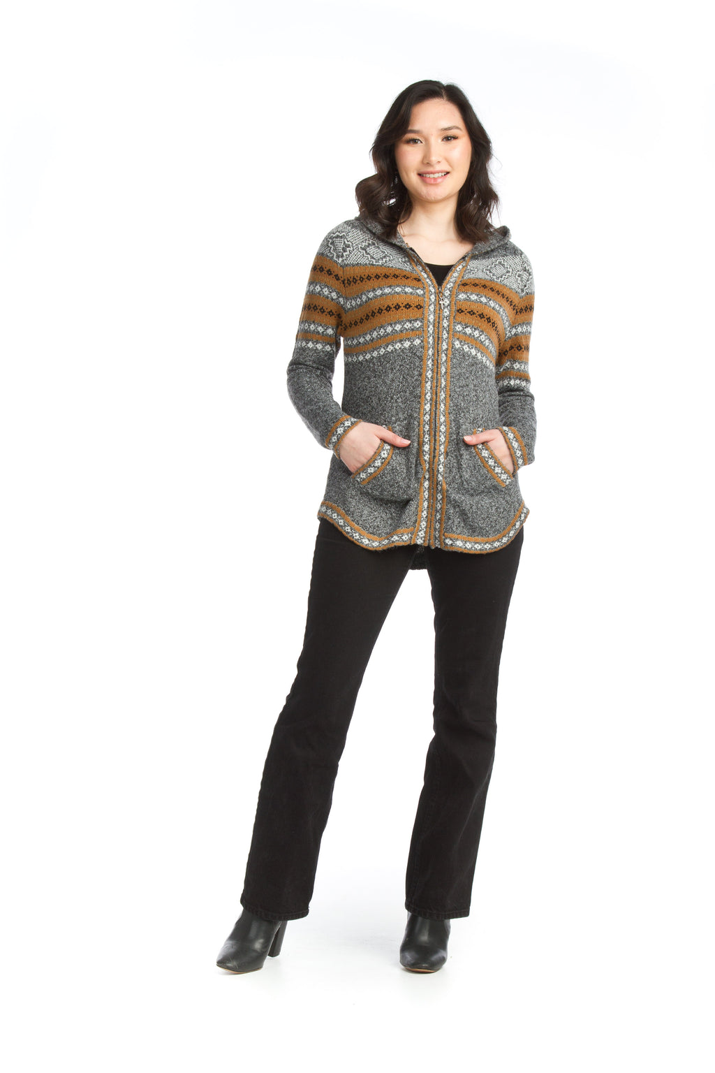 grey Soft Fairisle Zip Up Hooded Jacket with Pockets
