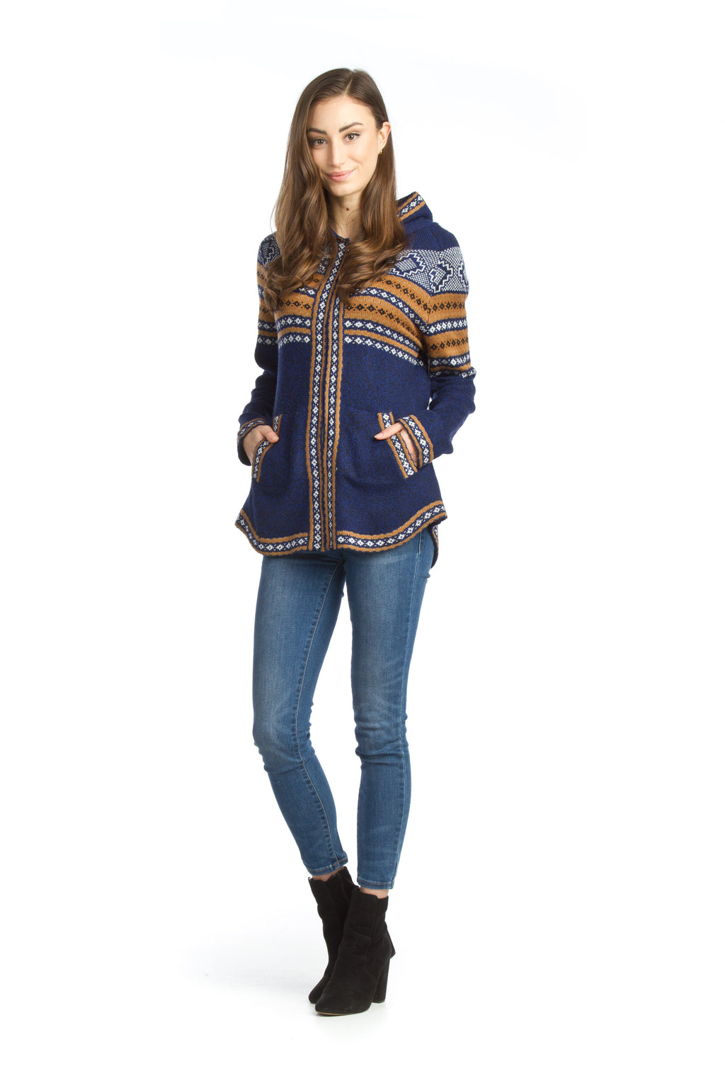 Navy Soft Fairisle Zip Up Hooded Jacket with Pockets