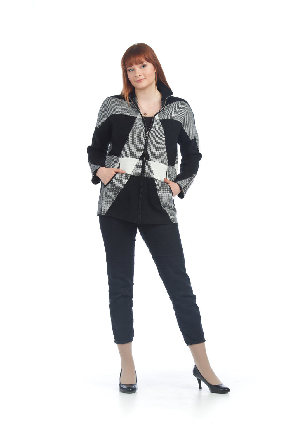 BLACK/WHITE Sporty Zip-up Jacket with Pockets