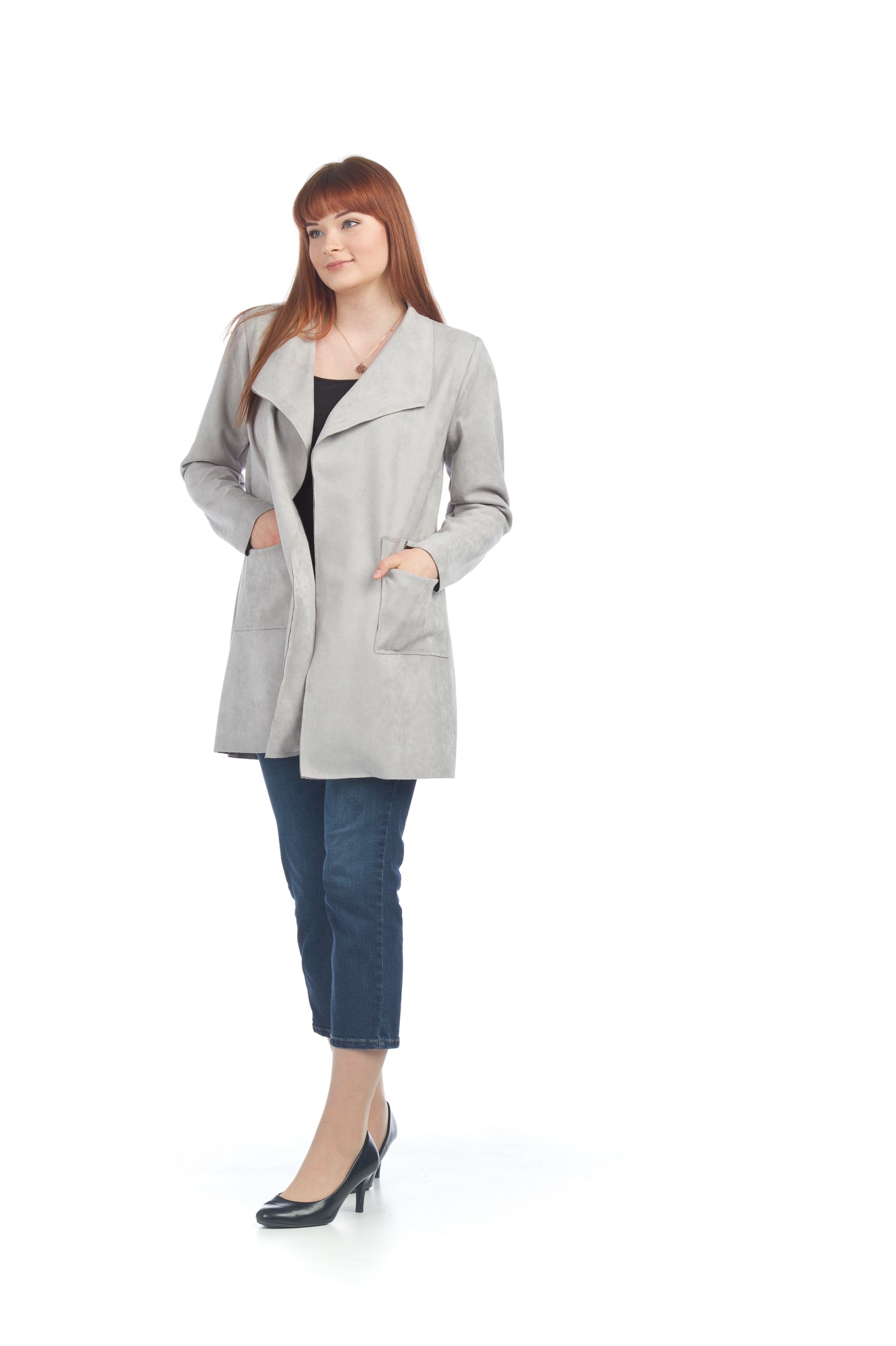 silver Suede Drape Jacket with Pockets