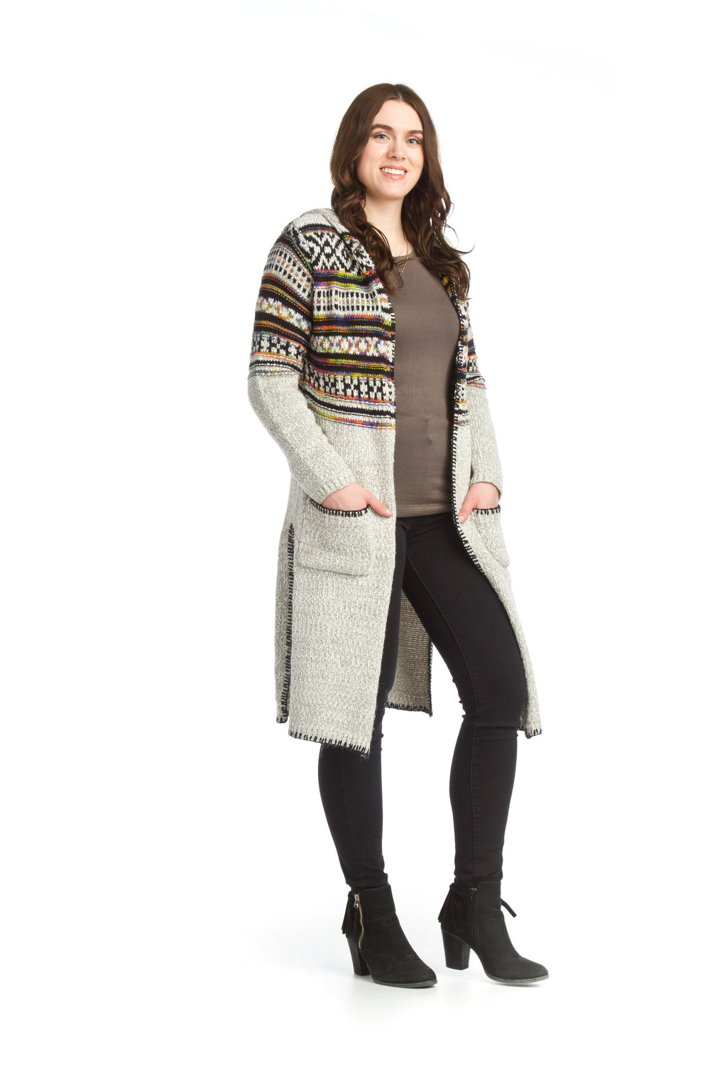 multi Global Knit Hooded Cardigan with Pockets