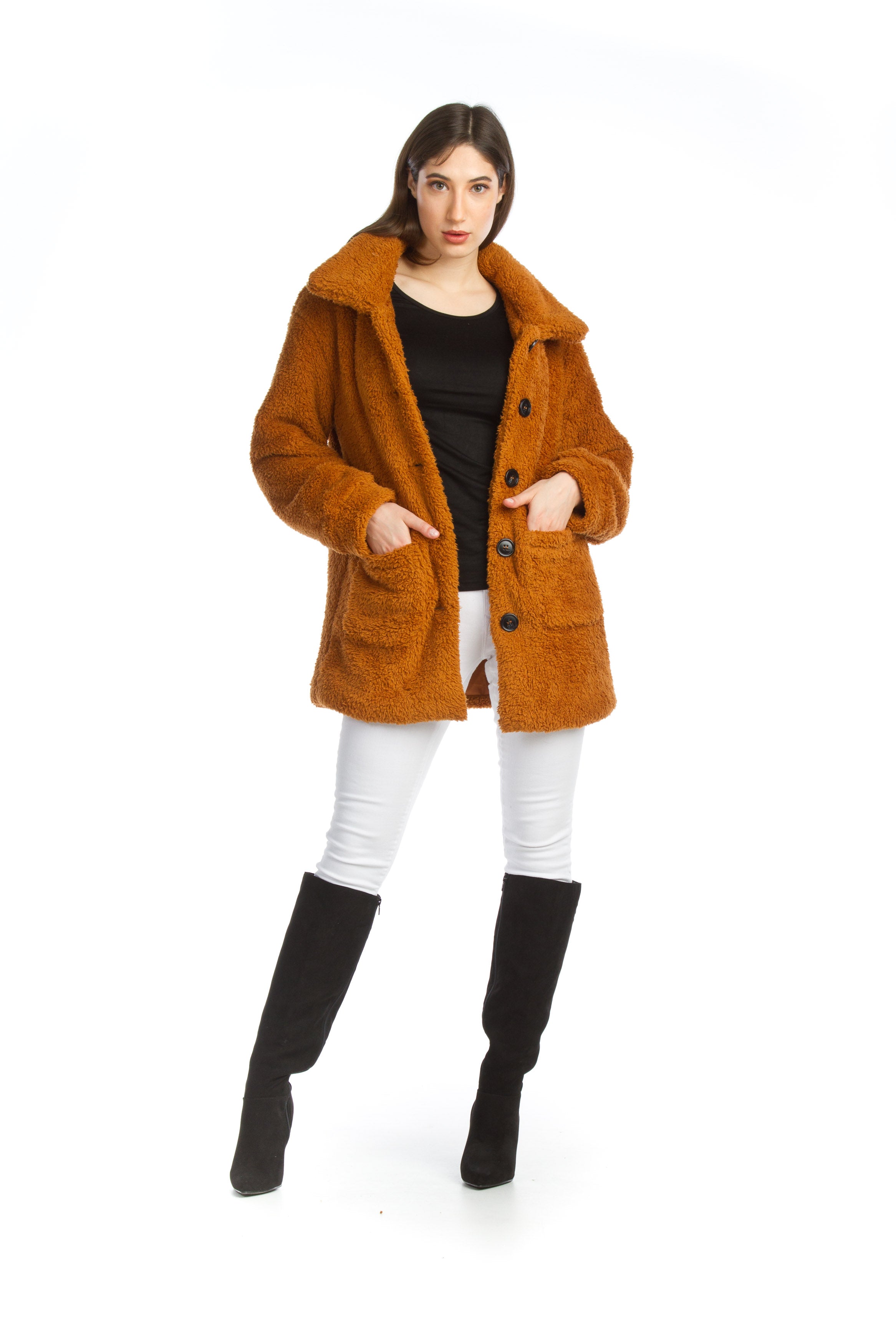 MUSTA Faux Fur Button Up Jacket with Pockets