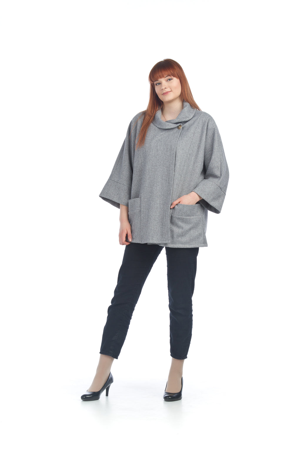 grey Pinstripe Cowl Neck Jacket with Pockets