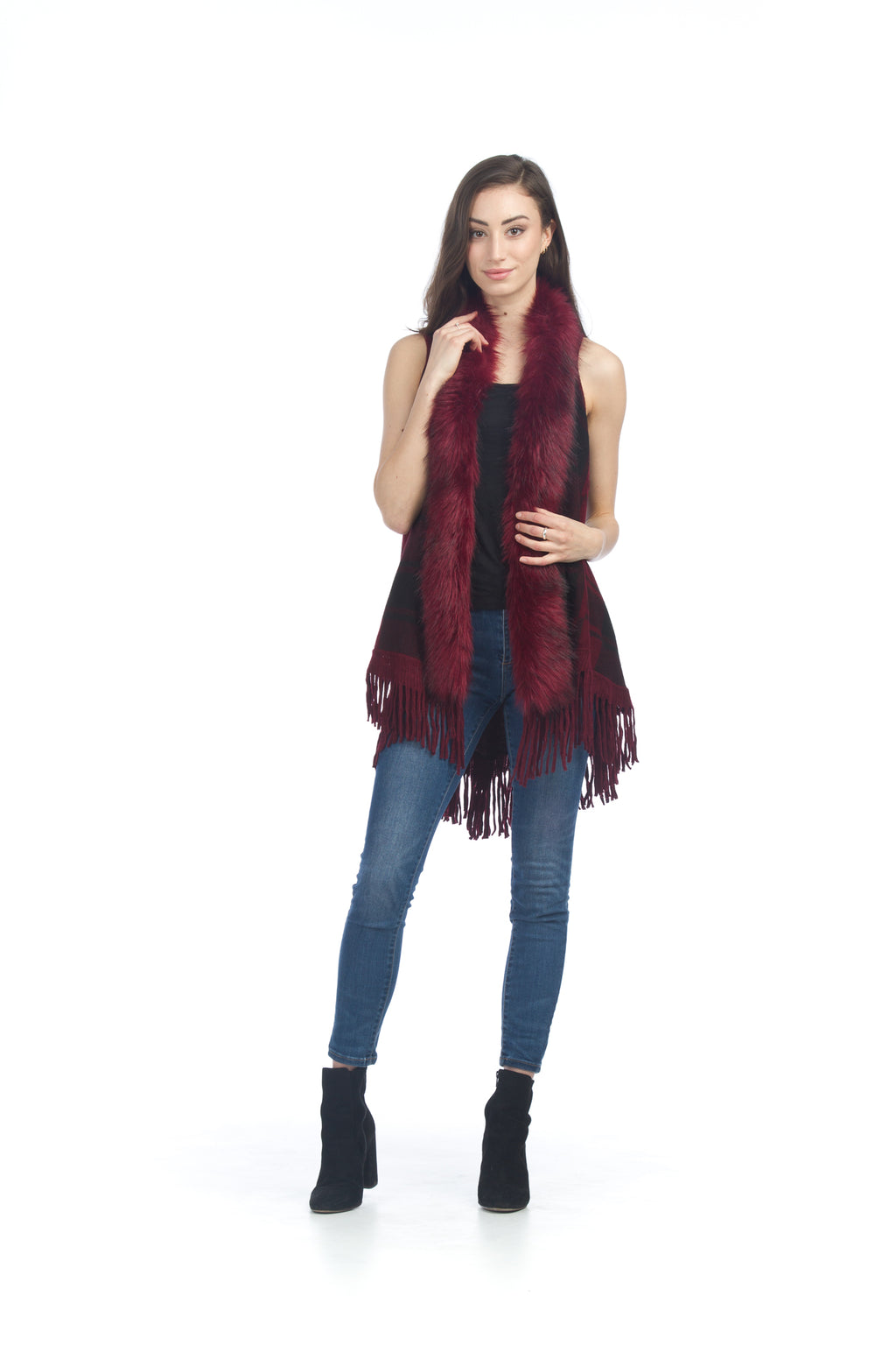 Burgundy Plaid Vest with Fur Neck and Fringe Hem