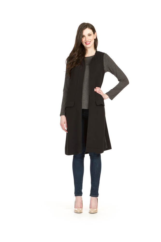 Black Crepe Collarless Open Long Vest