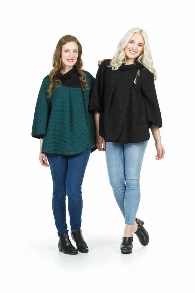 Black Ribbed Zip Neck Poncho Jacket