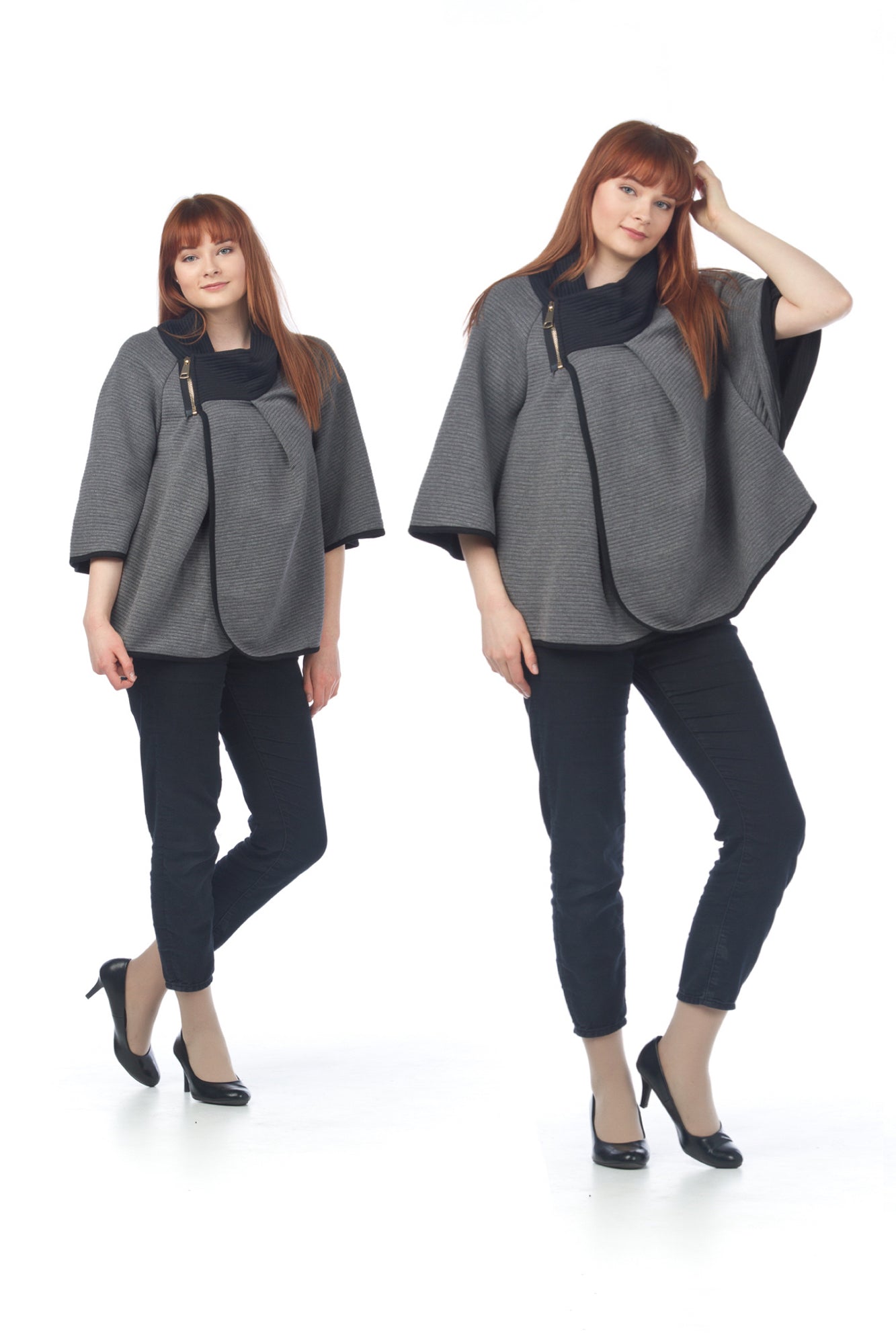 grey Ribbed Zip Neck Poncho Jacket