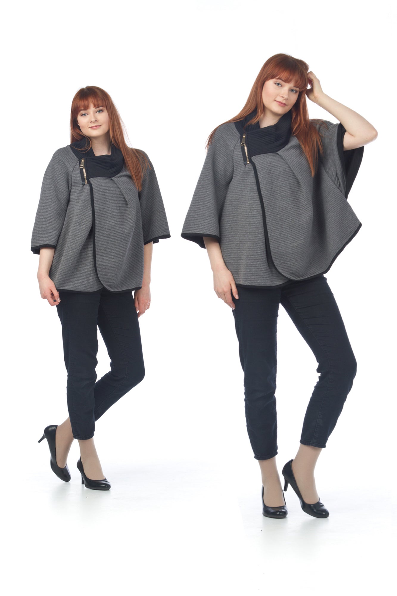 GREY Ribbed Zip Neck Poncho Jacket