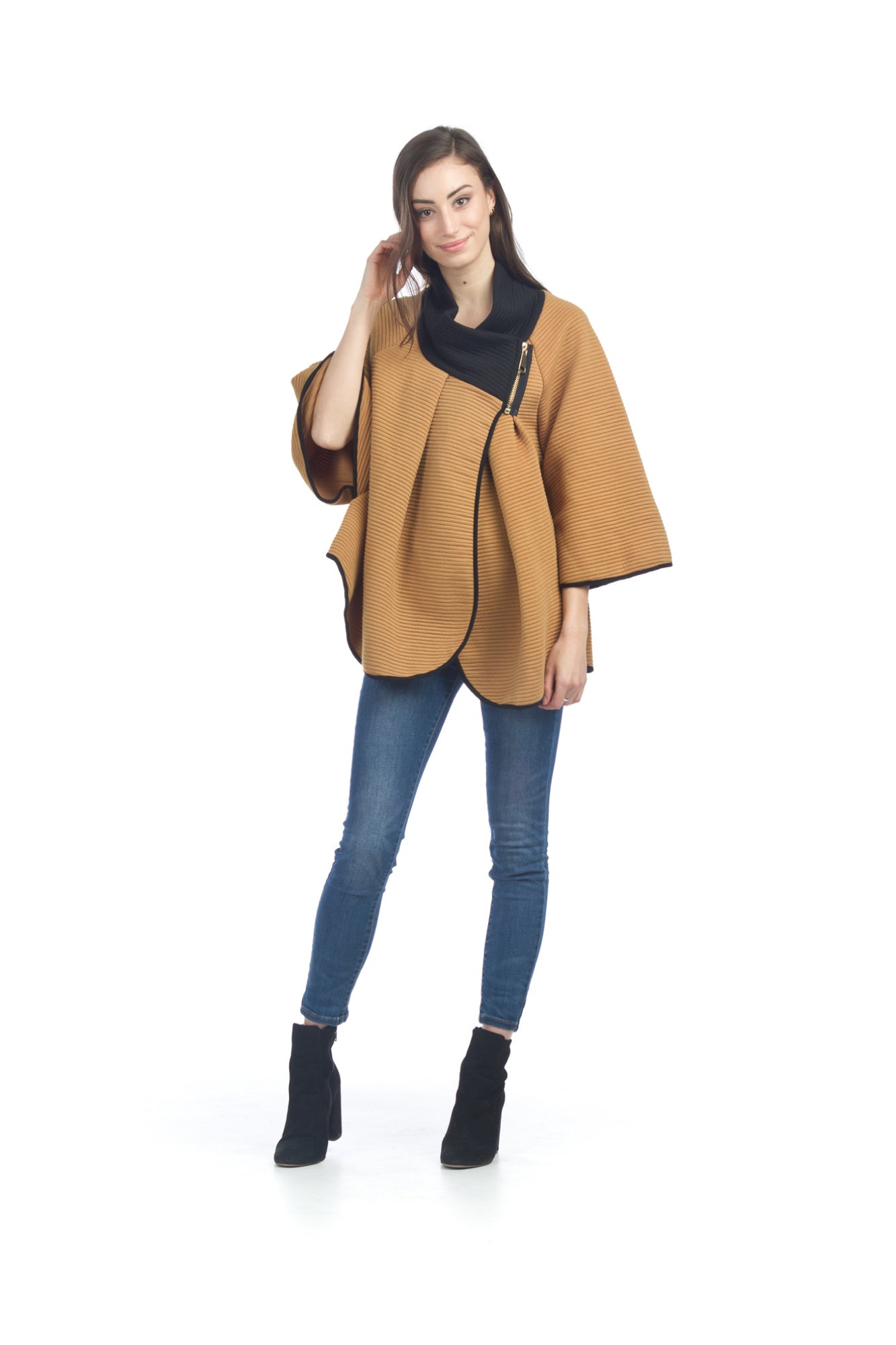mustard Ribbed Zip Neck Poncho Jacket