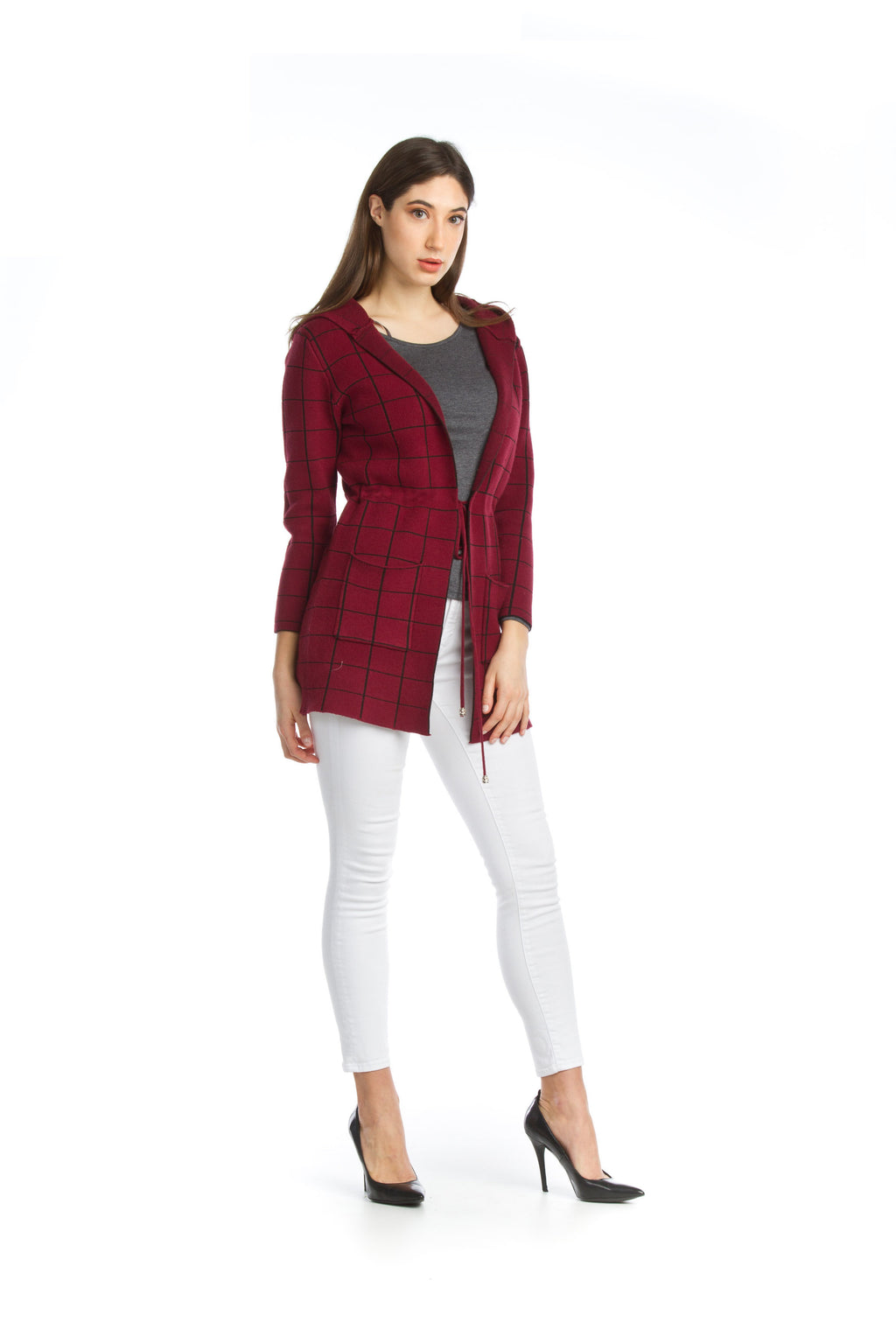grey Plaid Knit Hooded Jacket with Drawstring Waist