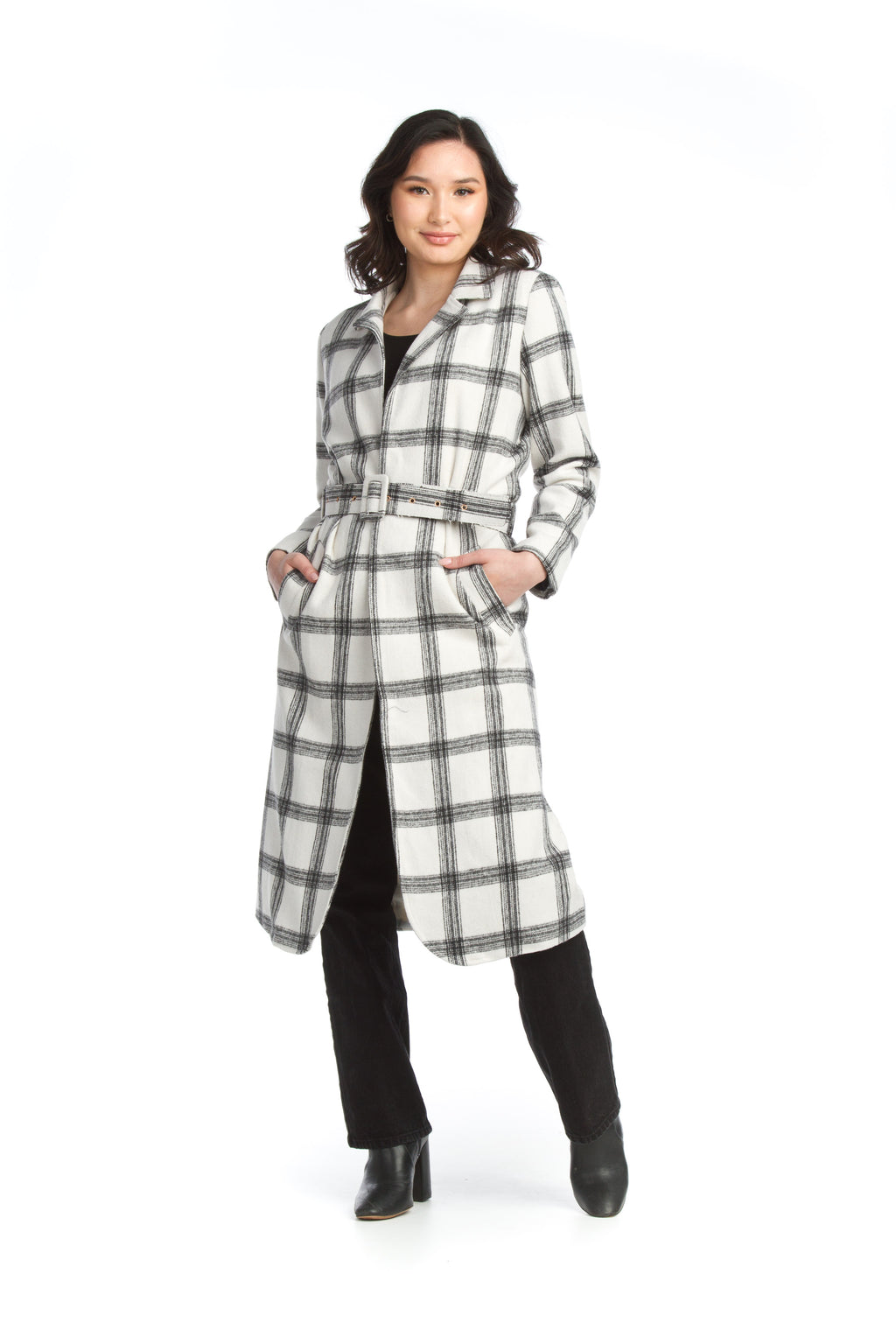 WHITE/BLACK Plaid Long Jacket