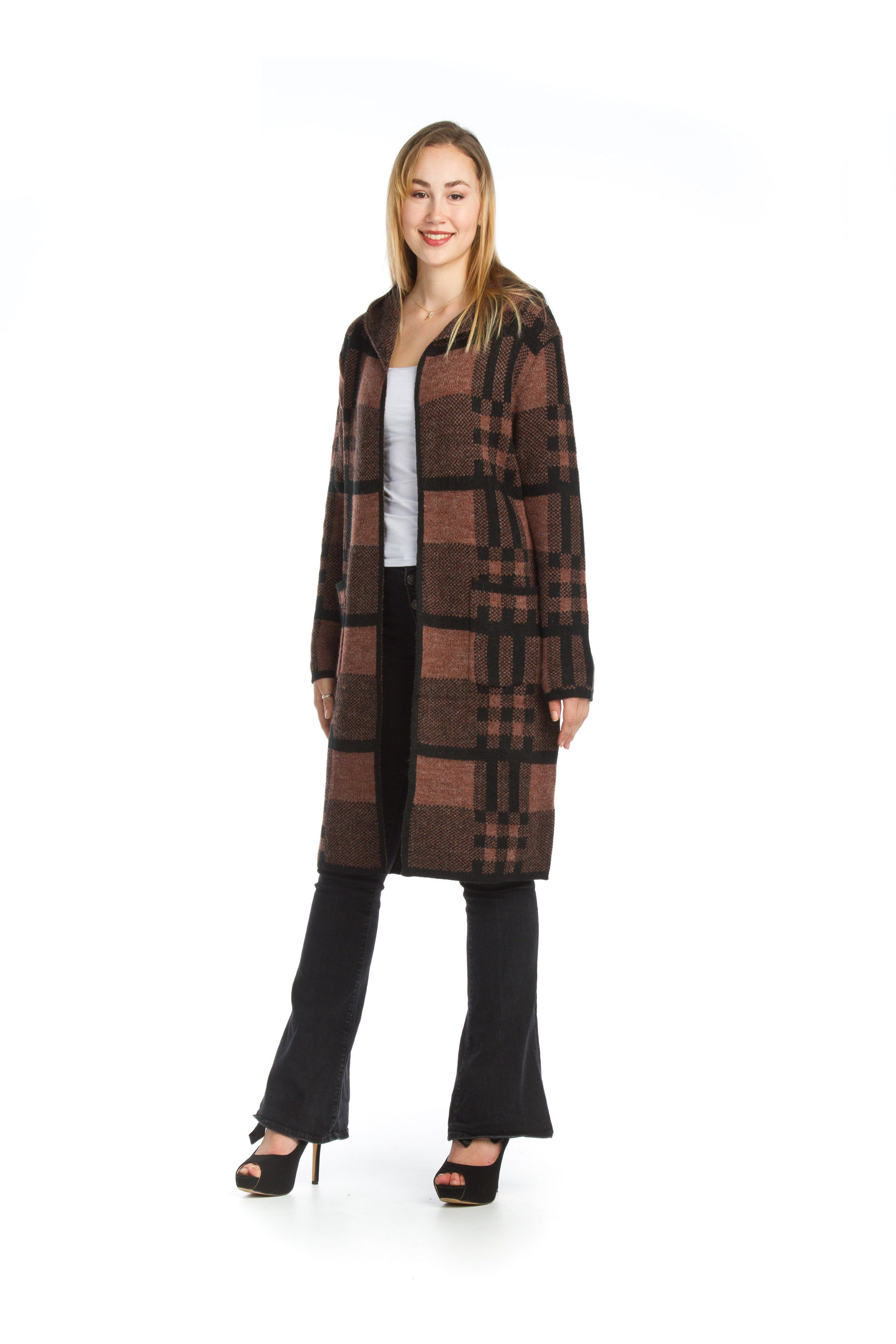 rust Plaid Knit Hooded Jacket with Pockets