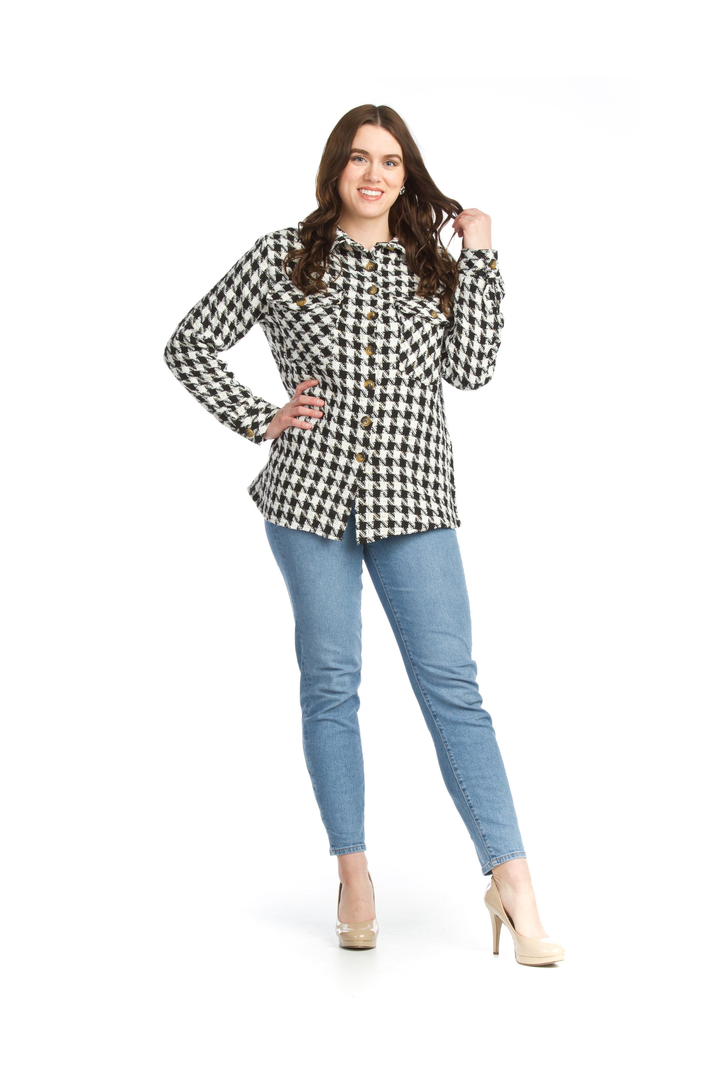 BLACK/WHITE Houndstooth Button Front Jacket w Lurex Detail