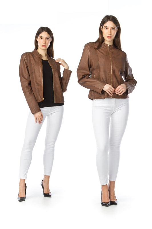 BROWN Faux Leather Jacket with Ribbing Detail
