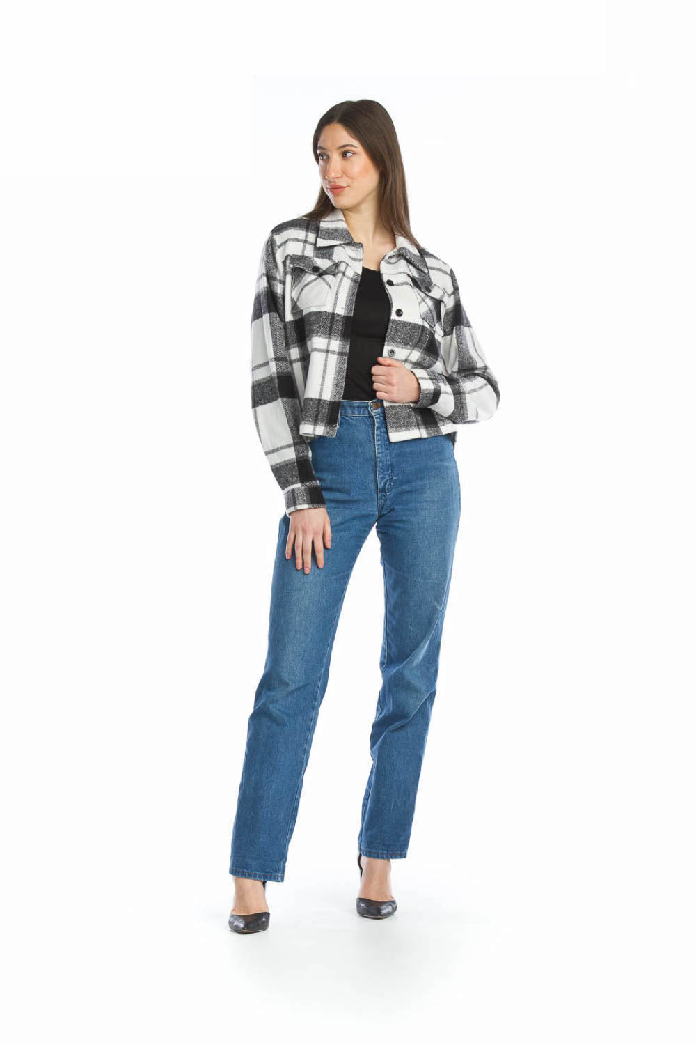 BLACK/WHITE Plaid Cropped Utility Jacket with Patch Pockets