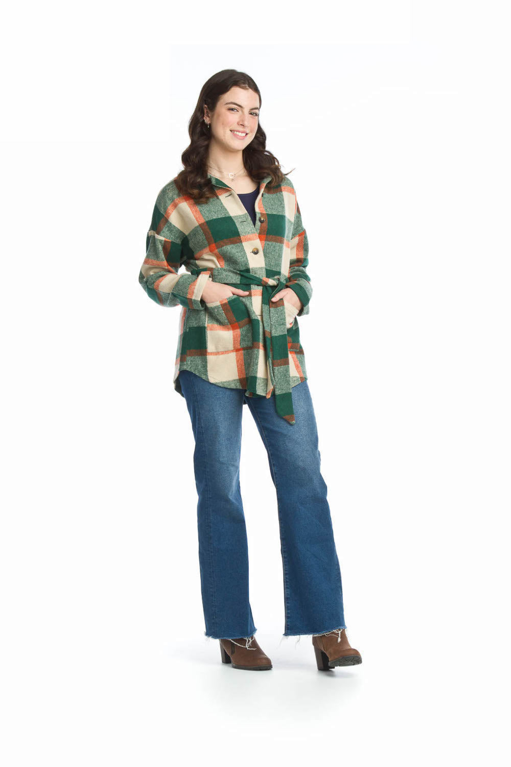 Green Belted Plaid Jacket with Patch Pockets