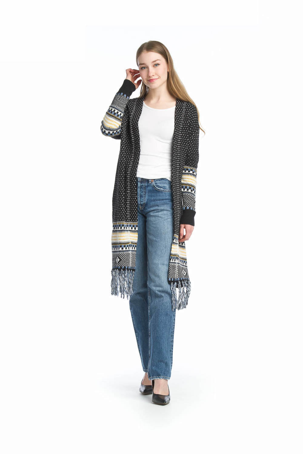 BLACK Global Knit Long Coatigan with Tassels