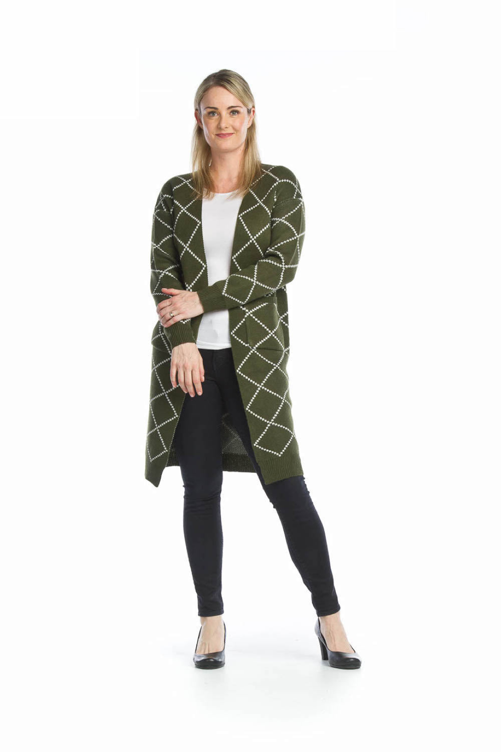 khaki Diamond Knit Long  Coatigan with Pockets