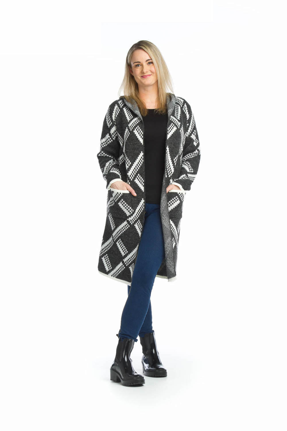 Blush Diamond Knit Long Hooded Coatigan w Pockets