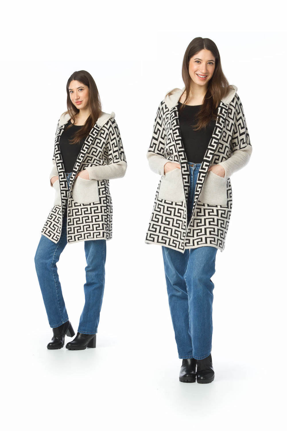 Cream Geo Motif Coatigan with Contrast Pockets