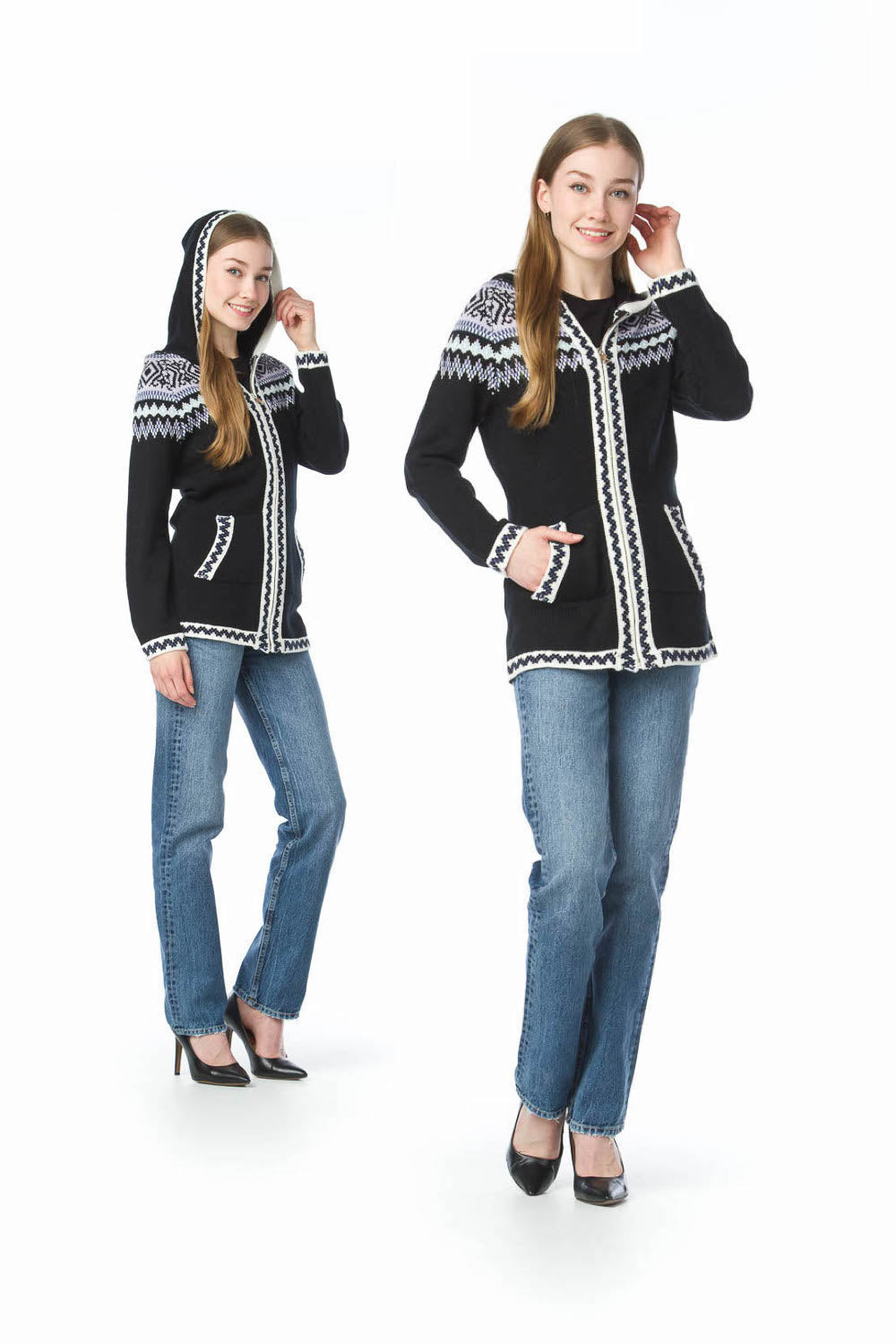 Black Fairisle Knit Zip Up Hooded Jacket