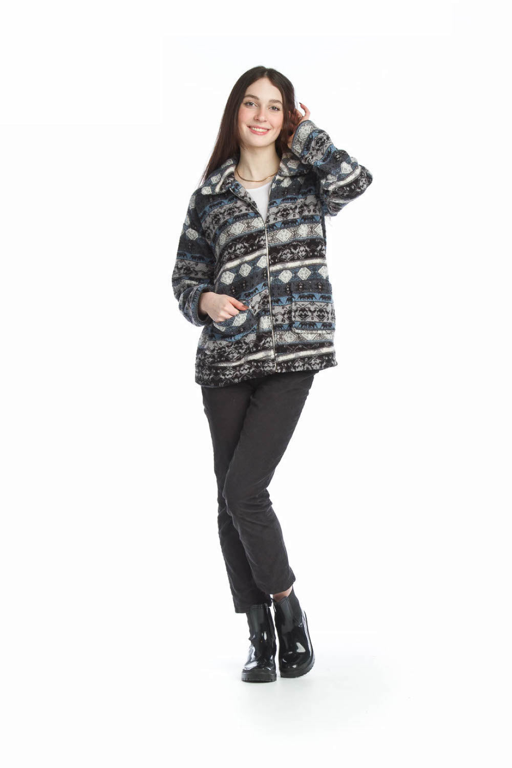 Black Global Print Teddy Jacket with Pockets