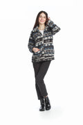 Black Global Print Teddy Jacket with Pockets