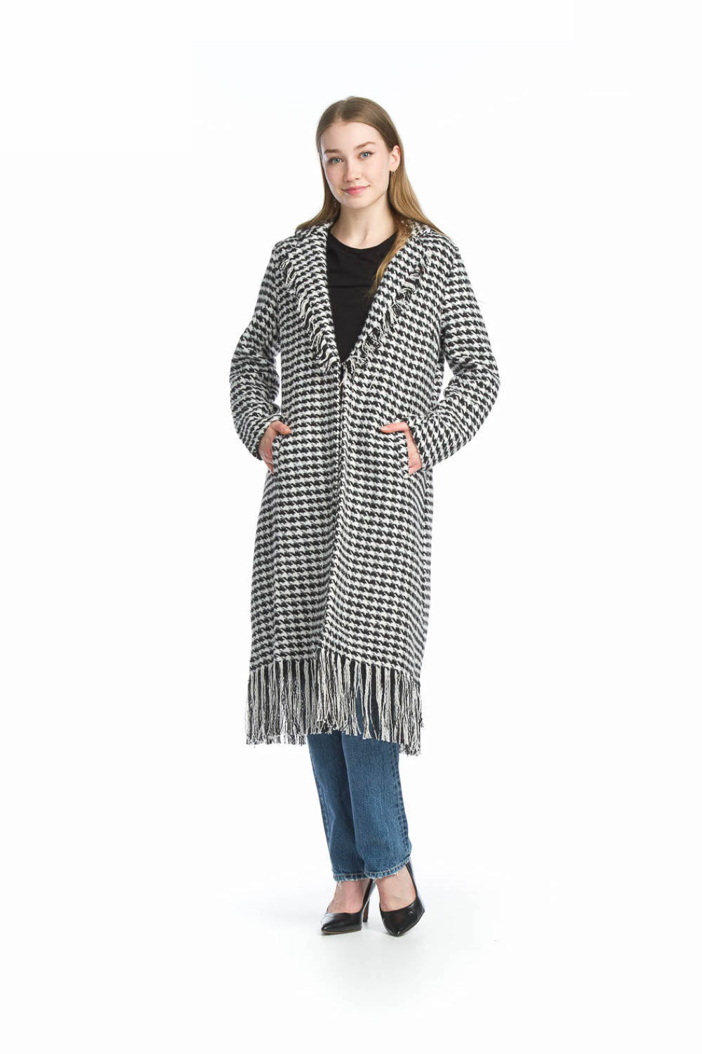 BLKWH Textured Houndstooth Jacket with Fringe