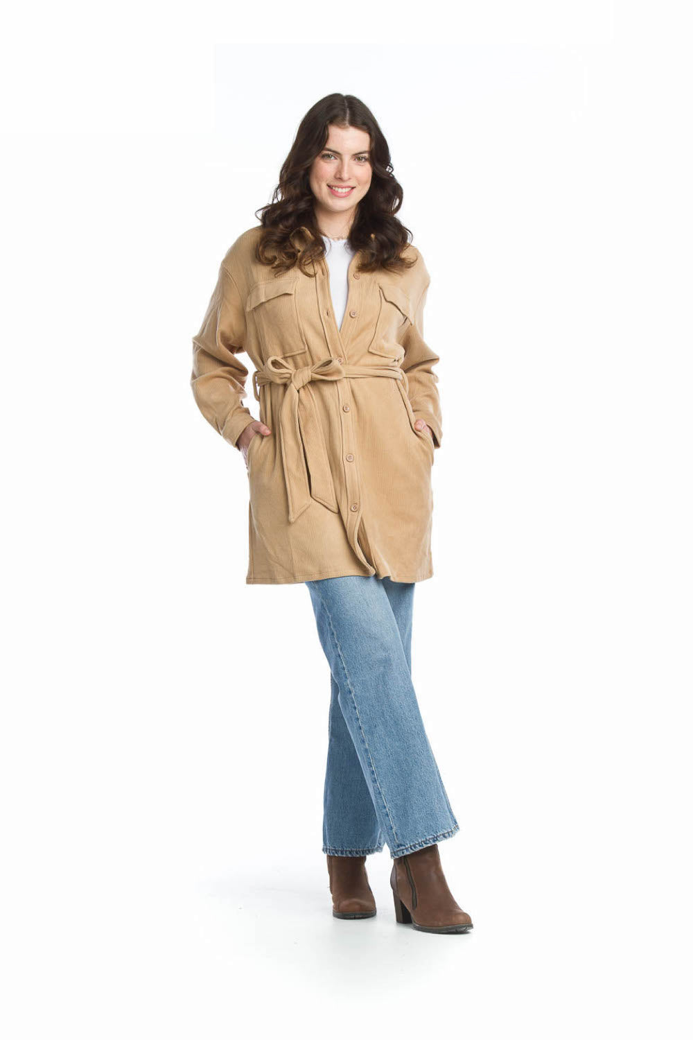 CAMEL Soft Curduroy Shirt Jacket with Waist Tie