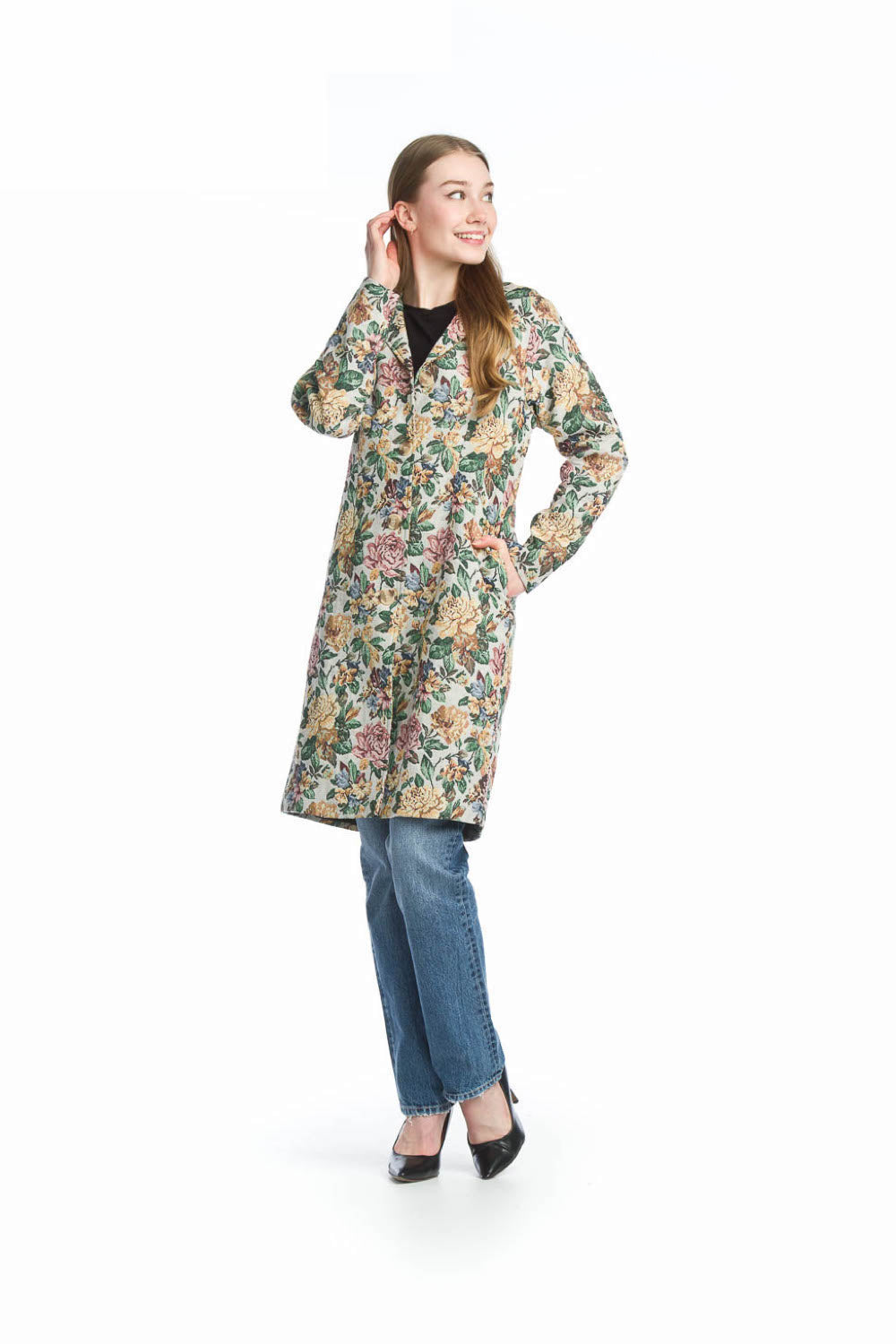 Cream Floral Tapestry Jacket with Pockets