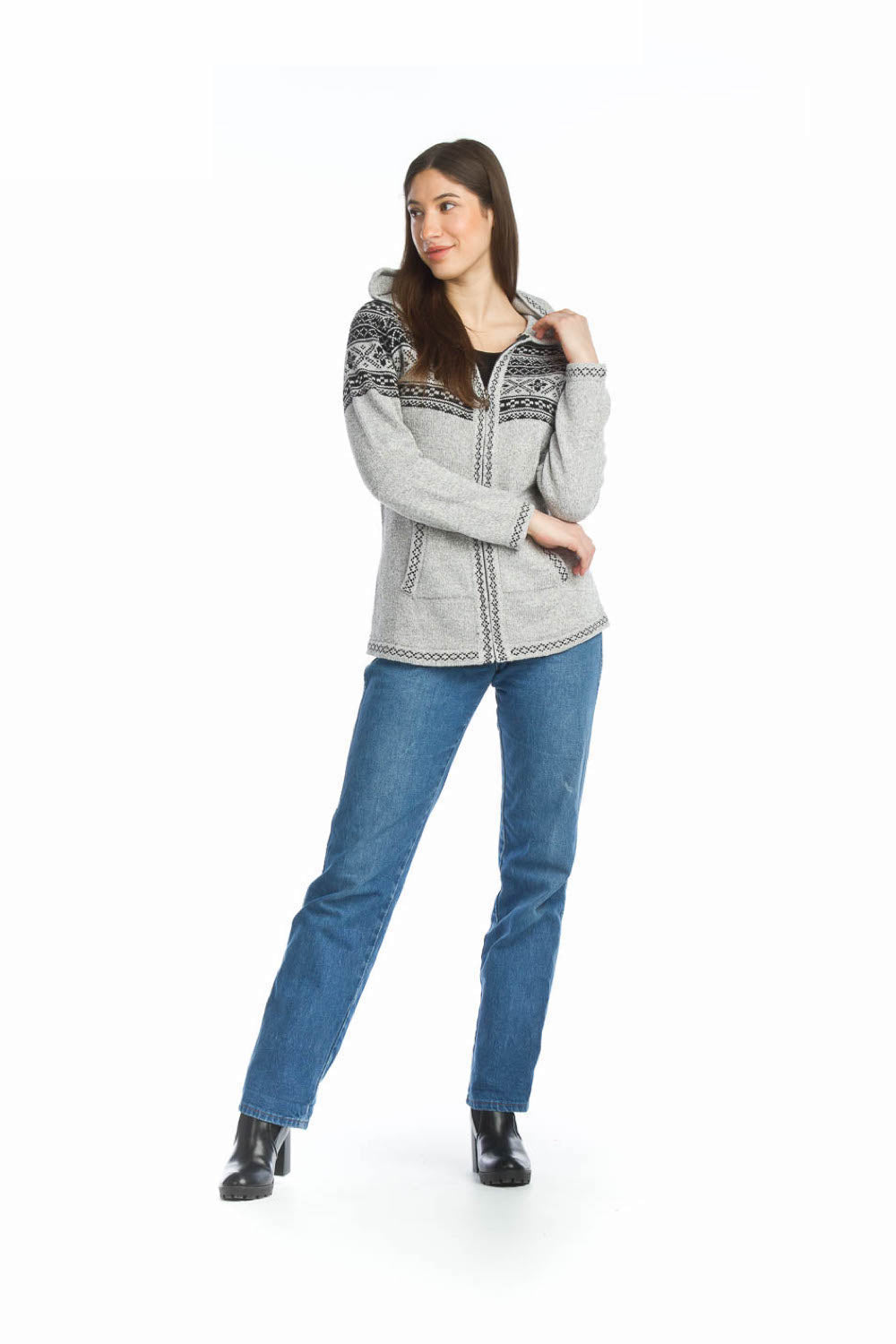 grey Fairisle Knit Zip Up Hooded Jacket