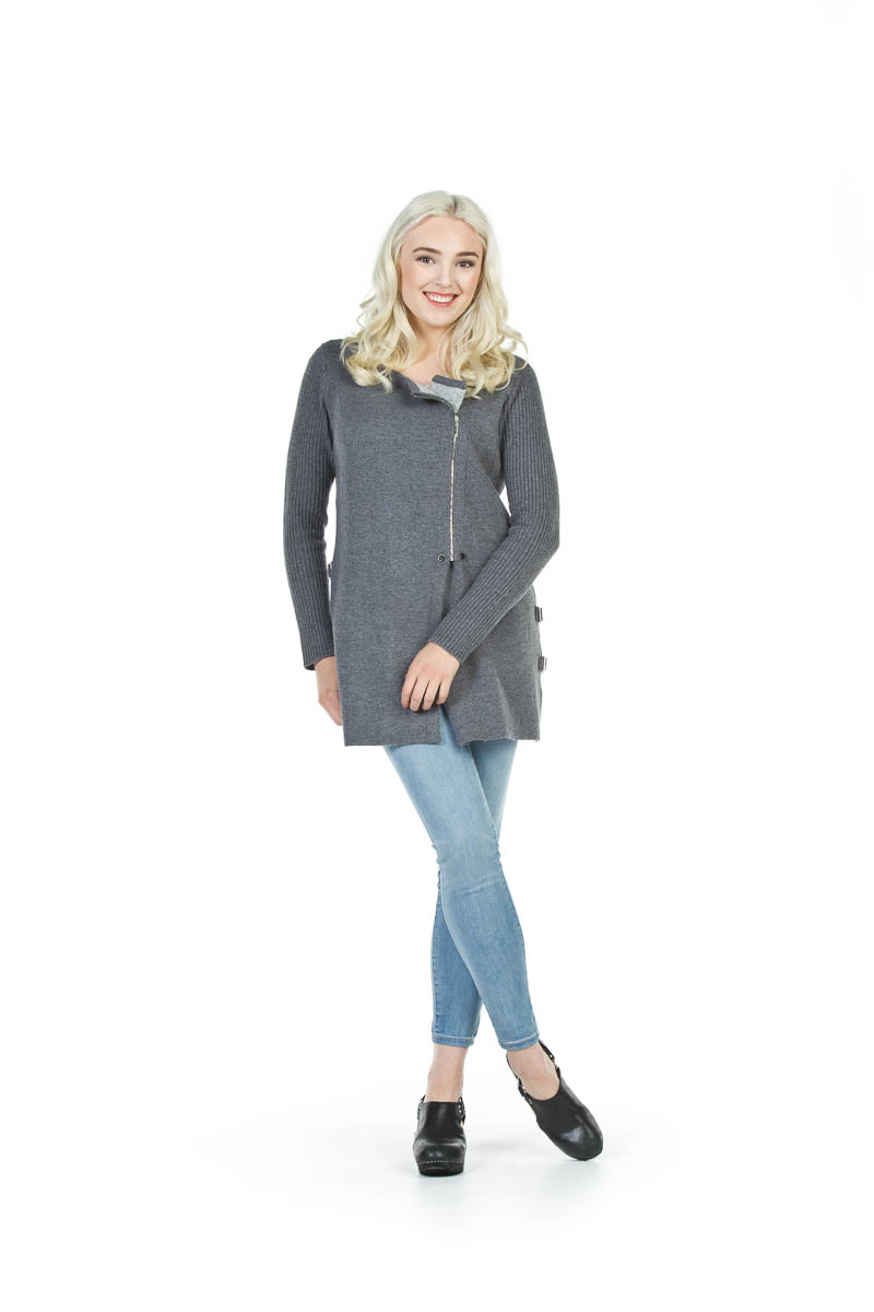 grey Ribbed Knit Sweater Jacket w Zip & Buckle