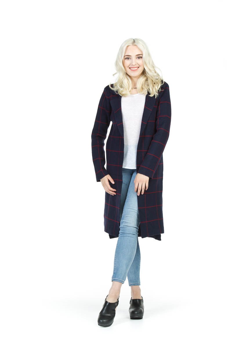 Navy Windowpane Collared Sweater Jacket