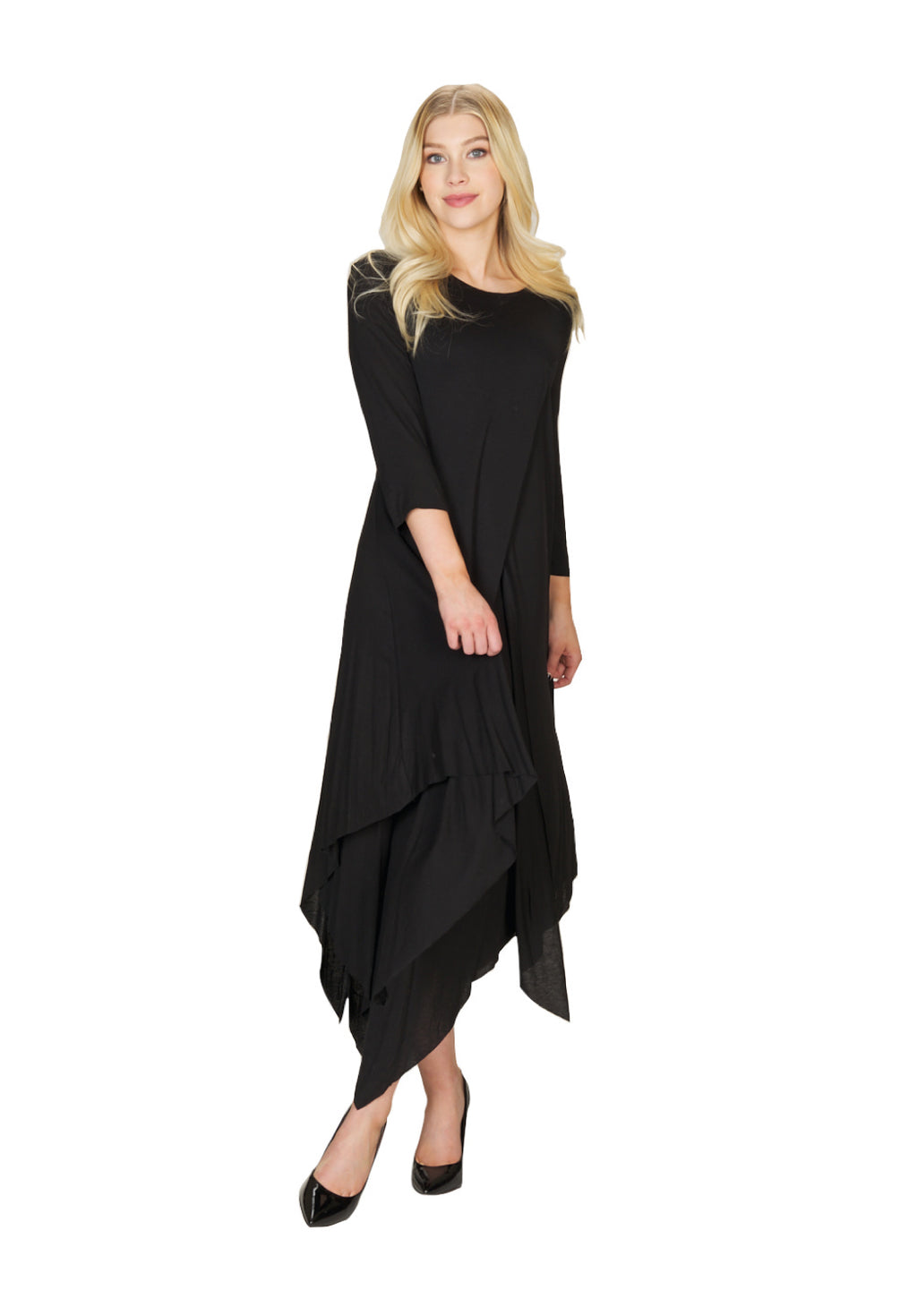 BLACK 3/4 Sleeve Layered Jersey Maxi Dress